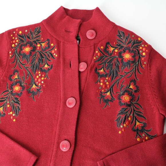 Bob Mackie Wearable Art floral embroidered womens cardigan sweater red XXS 2XS - Picture 2 of 8